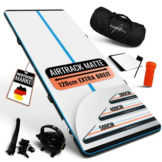 AthleticPro Airtrack Matte [3m/4m/5m Lang] - 120cm Extra Breit - 10/20cm Höhe - Aufblasbare Turnmatte für Bodenturnen & Akrobatik inkl. elektrischer Pumpe, Reparaturset & Tasche (400 x 120 x 10 cm)