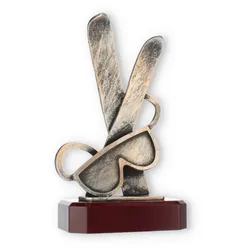 Pokal Zamakfigur Skiausrüstung altgold auf mahagonifarbenen Holzsockel 23,0cm