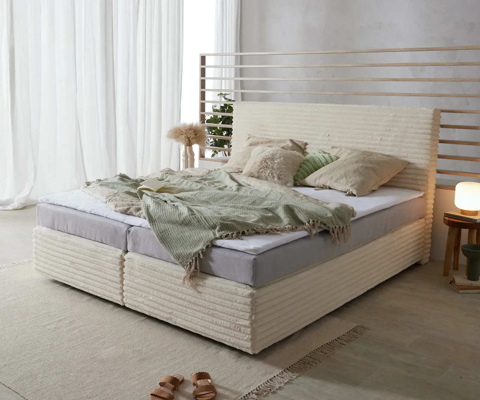 DELIFE Lit Boxspring Dream-Well Velours Côtelé Beige 180x200 cm Matelas Bonell Topper en Mousse PU, Lits à sommier tapissier