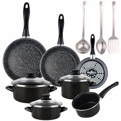 Magefesa - KENIA Kochgeschirr-Set 14/16/16/20 cm aus emailliertem Stahl, geeignet für Induktion, mit 3 Küchenutensilien aus Edelstahl