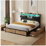Simurq Metallbett 140×200cm großes LED-Metallbett mit 4 Schubladen und USB-Anschlüssen, Meta-Bettrahmen mit LED-Kopfteil, 4 Schubladen, USB-Ladestation
