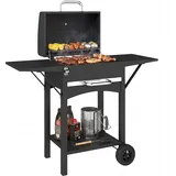 Holzkohlegrill Mit Deckel, Bbq Smoker Grill Mit 2 Seitentischen Große Grillfläche Grillrost Thermometer Räder