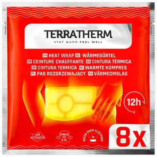 Terratherm Wärmegürtel - 12h wohlige Tiefenwärme, Wärmepflaster, Wärmepads für Rücken, Rückenwärmer - Nierenwärmer luftaktiviert - Größe S-XL, 8 Stück