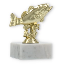 Pokal Kunststofffigur Barsch gold auf weißem Marmorsockel 11,0cm