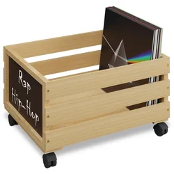 Relaxdays Schallplatten Kiste, Bambus, mit Rollen, 50-80 Vinyls, HBT: 27 x 43 x 34 cm, Aufbewahrungskiste, natur/schwarz