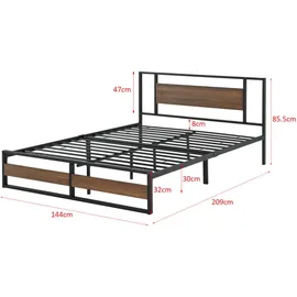 [en.casa] Metallbett 140x200 cm Schwarz Spanplatte Walnuss-Optik Bettgestell