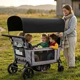 Merax Bollerwagen faltbar für 4 Kinder, Kinderwagen mit Sitz zu Liege umwandelbar, Sonnendach, PolyurethanRäder, Tablett, Hellgrau - Grau