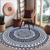 Tiamu Boho Teppich, Rund Teppiche Flauschiger Kurzflor Teppich, Wohnzimmerteppich, Waschbarer Mandala Bedruckt Teppich, ∅ 90cm, Schlafzimmer Teppich mit Quasten, rutschfest Teppich Kinderzimmer