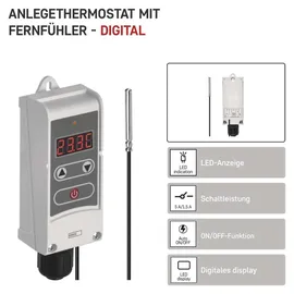 EMOS P5684 Anlegethermostat mit Fernfühler einstellbarer Schaltempfindlichkeit digitalem Display 5 bis 90 °C 45 x 45 x 130 mm