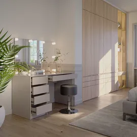 Vicco Schminktisch, Sherry 120 cm) mit Spiegel, Hocker & LED-Beleuchtung