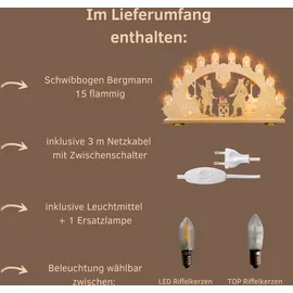 Weigla Schwibbogen/Lichterbogen"Bergmann" 15 flammig mit Amethyst Erzgebirge garantiert