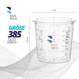 Benbow Profi-Messbecher 100x 385ml mit 12x Deckel mit vielfältiger Skalierung - Becher mit Skala Mischbecher Lackmischbecher Meßbecher Lackbecher Einwegmischbecher