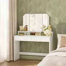 OEM VASAGLE Kailyn Kollektion - Schminktisch, Frisiertisch mit Klappspiegel und 2 Schubladen, Kosmetiktisch mit 3 offenen Fächern, Frisierkommode, für Make-up, modern, wolkenweiß RDT115W01