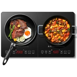 AMZCHEF Induktionskochfeld 2 Platten, Induktionsherd Doppel mit 10 Temperaturstufen, 3-Stunden-Timer, 3500W - Schwarz