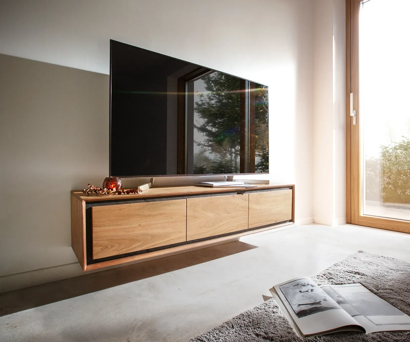 DELIFE Buffet bas Stonegrace 145 cm acacia nature 3 portes placage en pierre flottant, Meubles-TV