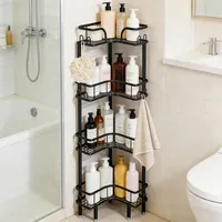 Cioquli Teleskop Duschregal, 4-Tier Teleskopregal Bad Eckregal mit 16 Haken, Duschablage Ohne Bohren Höhe 107 cm, Schwarz Eckregal mit Verstellbare Fußpolster für Badezimmer