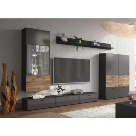 Feldmann-Wohnen Wohnwand, Grau, Braun, Holz, 11 Fächer, 1 Schubladen, Rechteckig, 300x144x40 cm, Wohnzimmer, Wohnwände, Wohnwand-Sets