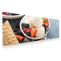 Primedeco Glasbild Wandbild Vanilleeis und Früchte mit Aufhängung, Süsses grau 100 cm x 40 cm