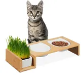 Relaxdays Katzen Futterstation mit Katzengras Schale, 2 Keramiknäpfe je 400 ml, spülmaschinenfest, Katzenbar, Natur/weiß, Bambus, Keramik