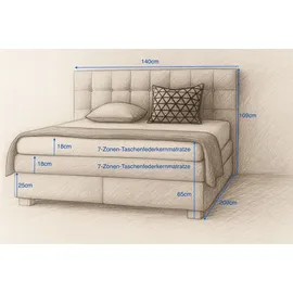 mebloland Boxspringbett VERONA 140 x 200 cm mit zwei 7-Zonen-Taschenfederkernmatratzen und gepolstertem Kopfteil. Farbe Beige - Beige