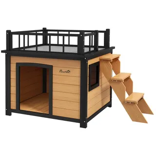 PawHut Hundehütte Hundehaus, Erhöhtes Kleintierhaus mit Treppe, Fenster, Hundehöhle, für Garten, Balkon, Gelb gelb Rechteckig | 121 cm x 78 cm x 77 cm
