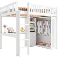 HAUSS SPOLE Hochbett 140x200cm mit Schreibtisch, Kleiderschrank, 3 Schubladen, Weiß (Hochbett,mit Schreibtisch & Kleiderschrank Inkl. Stauraum, Geländer und Treppe) ohne Matratze