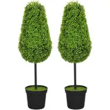 Homcom 2er Set Künstliche Buchsbaum 90cm Kunstpflanze in Tränenform, Plastik Künstliche Pflanzen im Topf, Kunstbaum Fake Plant wie echt mit UV Schutz für Wohnzimmer Schlafzimmer Büro Garten