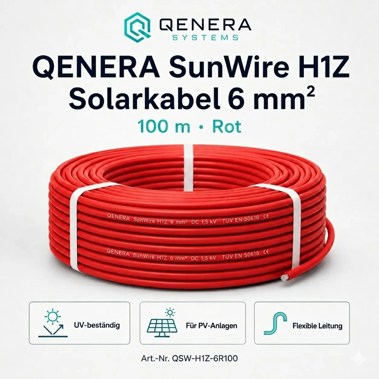 QENERA SunWire H1Z Solarkabel 6 mm2 - 100 m Rot - 0% MwSt. (gem. § 12 Abs. 3 UStG)