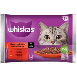 WHISKAS Adult Classic Meals 4x85g: Nassfutter für adulte Katzen mit Rindfleisch und Huhn in Sauce.