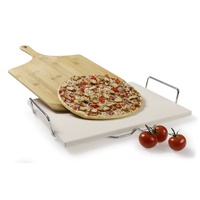 Pizzastein 1,3 cm stark 38 x29 cm mit Metallhalter Pizzaschneider und Pizzaschieber aus Bambus Brotbackstein für Pizza und Flammkuchen
