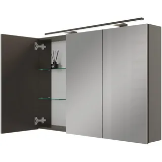 Planetmöbel Spiegelschrank ARIA 120 cm anthrazit mit Leuchte schwarz und Steckdosenbox 230V