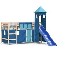 DOTMALL Kinderbett Hochbett Spielbett mit Rutsche und Vorhang,90x200 cm Massivholz Kiefer blau