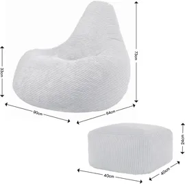 I.C.O.N. icon Sitzsack mit Hocker Grau, Cord, Groß, Sitzsäcke Für Das Wohnzimmer, Schlafzimmer, Sitzsack-Sessel Für Erwachsene - Herges... - Grau