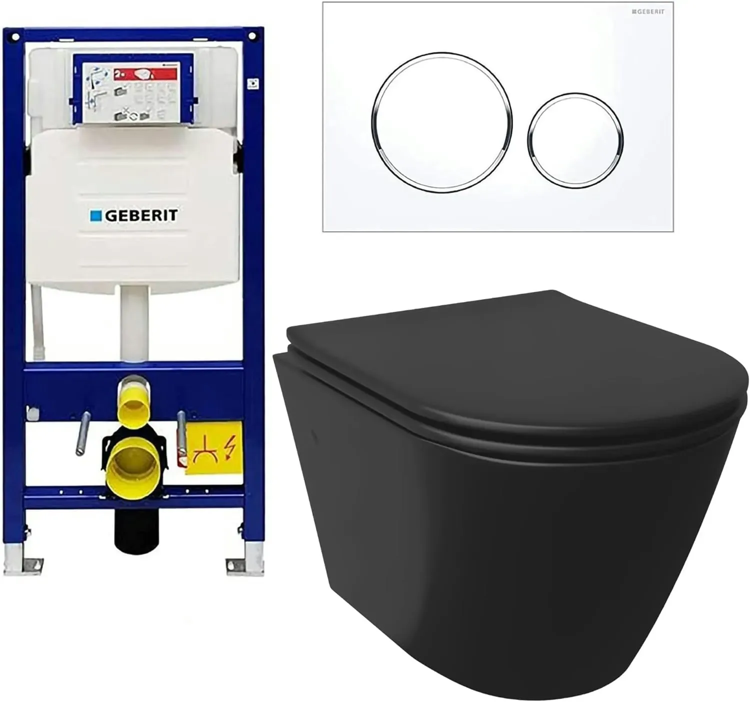 Alpenberger Schwarze Toilette mit Vorwandelement Komplettset | Spülrandloses Hänge WC mit Geberit Spülkasten und Betätigungsplatte | Klo mit WC Deckel