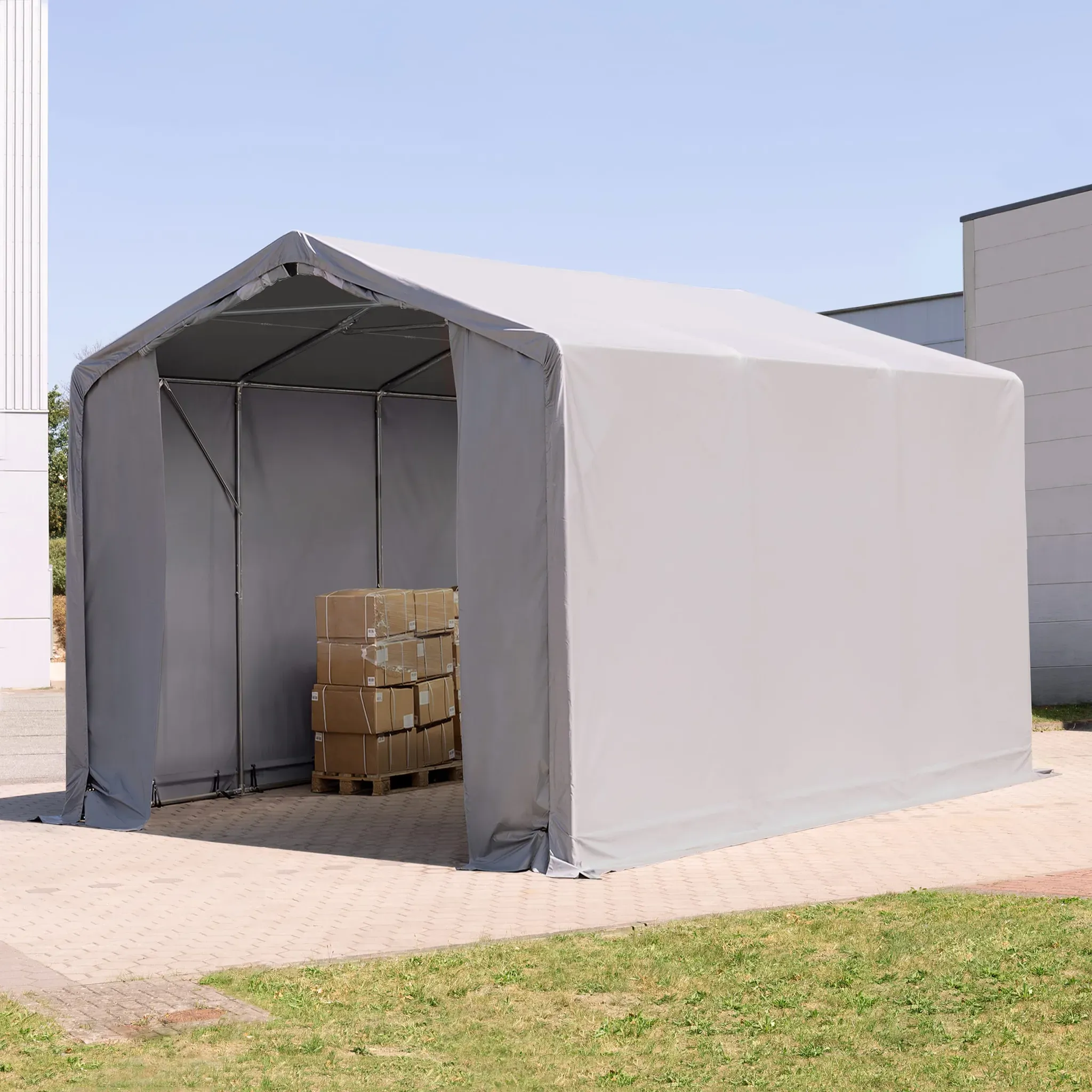 TOOLPORT Outlander 4x6 m hangar, PRIMEtex 2300, H. 3 m avec portes à fermeture éclair, gris, avec statique (type de sol : béton) - (94188)