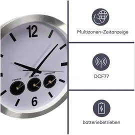 Perel Weltzeit-Wanduhr 45,5 cm 3 Zeitzonen silber/weiß