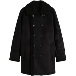 Damen Mantel mit Teddyfell Kragen Kunstlammfell-Jacke Herbst-Parka 939077 Schwarz - 58