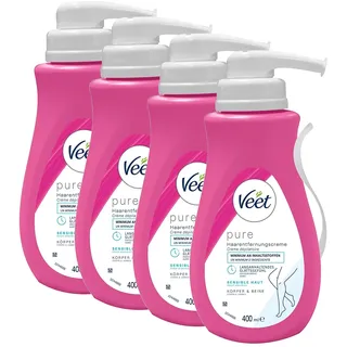 Veet Pure Haarentfernungscreme für Körper, Arme & Beine - Enthaarungscreme für sensible Haut - Minimum an Inhaltsstoffen - (4er Pack) 4 x 400 ml Spender inkl. Spatel