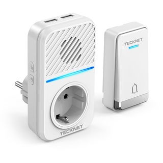 TECKNET Funkklingel Batterielose, Kabellose Türklingel mit EU-Steckdose und USB, IP65 Funkklingel wasserdicht außen haustür Set, 400M Funk Reichweite, 60 Klingeltönen doorbell Mit LED-Blitz