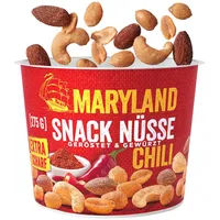 Maryland Snack Nüsse Chili 275g Becher – Knackig-scharf gewürzte Nussmischung mit gerösteten Erdnüssen, Cashewkernen und Mandeln – Chili-scharfer Mix in wiederverschließbarem Becher (1 x 275g)