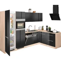 kochstation Winkelküche L-Form 290 x 170 cm schwarz hochglanz