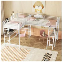 Flieks Hochbett Kinderbett Metallbett 90x200cm mit 2 Liegefläche und Schreibtisch weiß