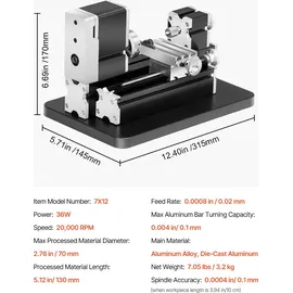 Vevor Mini-Drehmaschine aus Metall 70x130 mm, Fräsmaschine 20000 U/min, 36 W Hochleistungsmotor, 3-Backenfutter, didaktische Metalldrehmaschine mit Schutz für die Bearbeitung von Präzisionsteilen