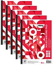 Viking Notizblock DIN A4 Liniert Geleimt Seitlich gebunden Papier Softcover Rot 400 Seiten 5 Stück