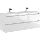 Furni Waschtischunterschrank ETH 120 cm mit Doppelwaschbecken – Weiß Hochglanz – Hängender Badschrank Mineralguss-Waschtisch (Duo) – Frezgriffe – Vormontiert
