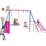 Redkid Schaukel-Sets für den Garten, Schaukel und Rutsche Set, Tragfähigkeit 440lbs 5 in 1 Outdoor-Schaukel-Set mit Rutsche, Untertasse Schaukel, Schaukel Sitz, Fußballtore (Pink, 5in1)