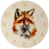 speecheese Fuchs Porträt Aquarell Wanduhr Stilvolle Tier Wanduhr mit elegantem Fuchs Aquarell Design Wildtier Fell Schnauze Details Raubtier Ohren Pelz Dekor