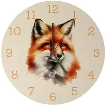speecheese Fuchs Porträt Aquarell Wanduhr Stilvolle Tier Wanduhr mit elegantem Fuchs Aquarell Design Wildtier Fell Schnauze Details Raubtier Ohren Pelz Dekor