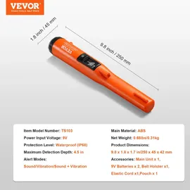 Vevor Metalldetektor Pinpointer IP68 Komplett Wasserdichter Metallsuchgerät 3 Modi Propointer Schatzsuche mit LCD/Ton/Vibration/Ton + Vibration 9V Batterie & Samtbeutel Inklusive