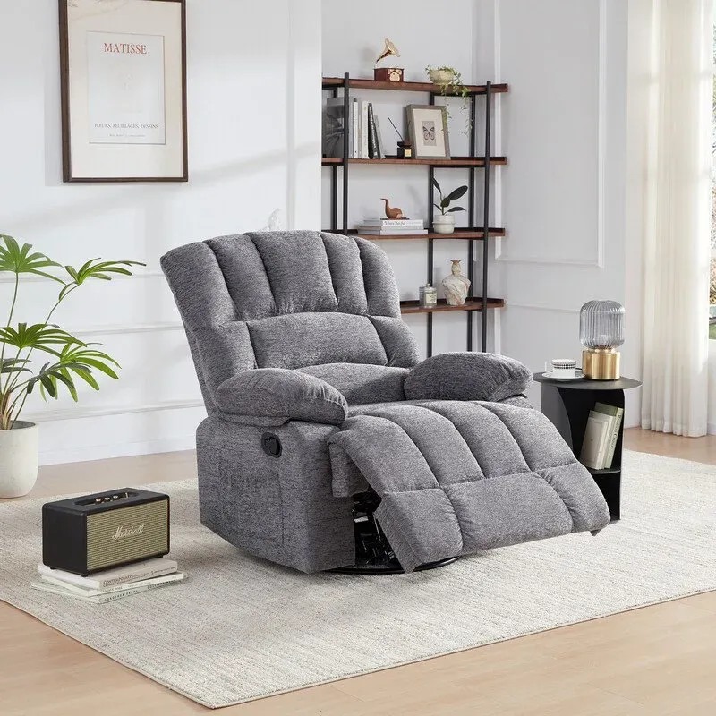 HONEYOU Swivel Recliner Chair, OKIN Frame Recliner, Oversized 360° Rocker Chairs, Rocking Recliner Chair, Overstuffed Manual Glider Recliner, Single Sofa for Living Room, Bedroom,Gray